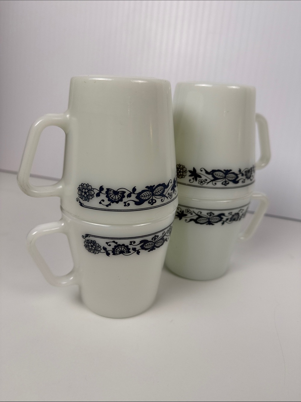 Vintage Pyrex “Old Town Blue “ Milk Glass coffee mugs  #1410